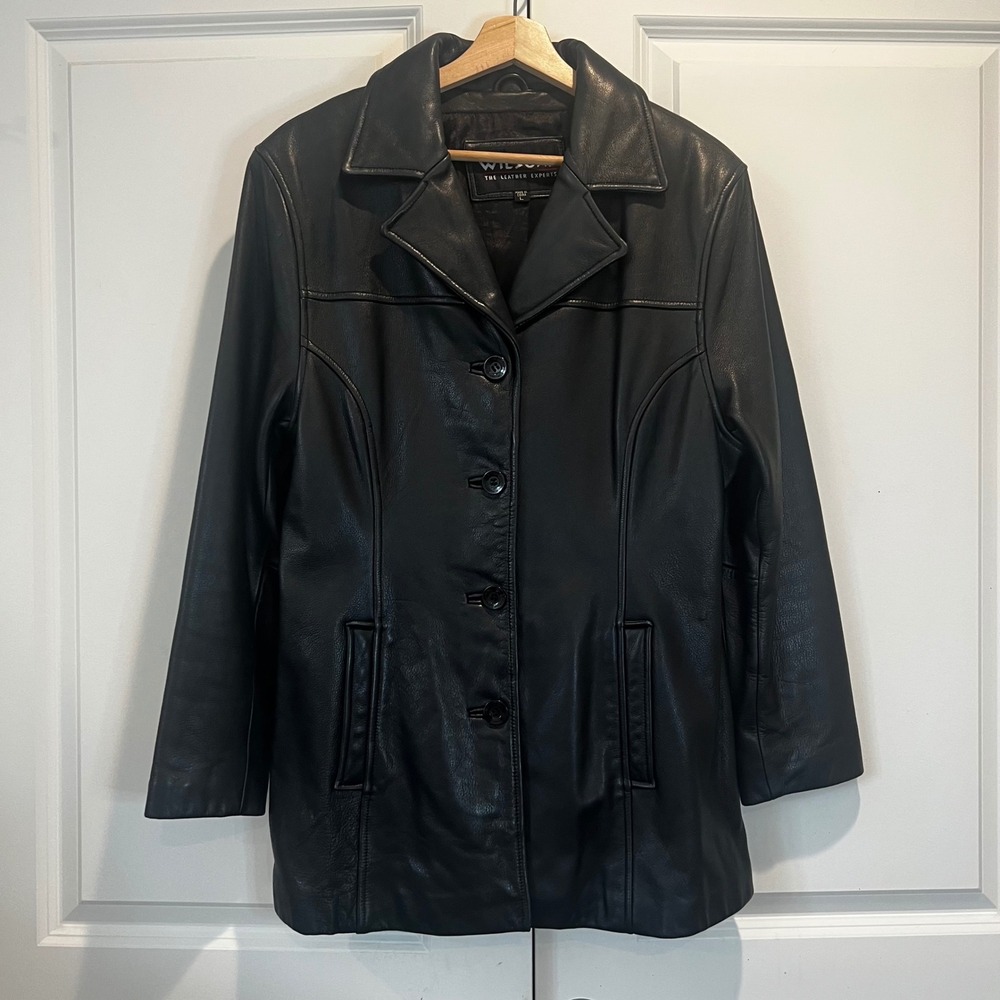 Wilsons Leather Jacket Black Button Front Mid Length Coat Large Vintage Y2K 90's
